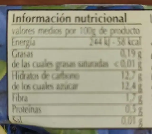 Solofruta 100% Manzana Arandanos nutrition facts table