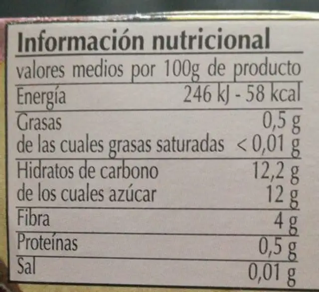 Solofruta 100% Manzana-Ciruela nutrition facts table
