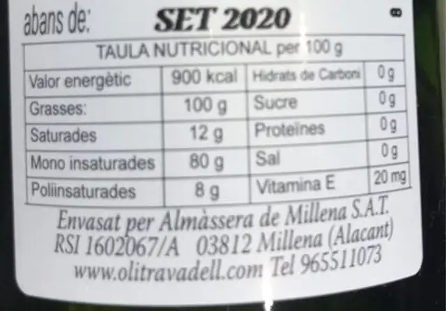 Aceite de Oliva Virgen Extra nutrition facts table