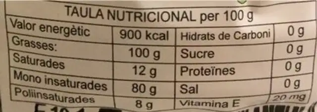 Huile d’olive nutrition facts table