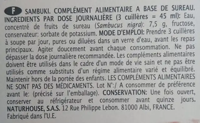 Kiluva Sambuki Syrup ingredients label
