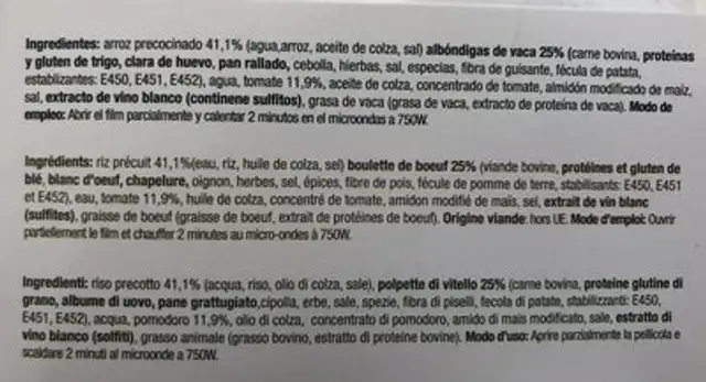 Boulettes a la tomate et riz ingredients label