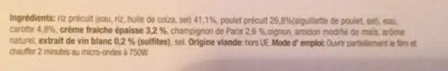 Blanquette de volaille et riz ingredients label