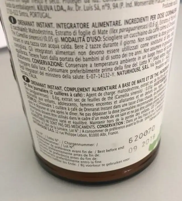 Drenanat instant ingredients label
