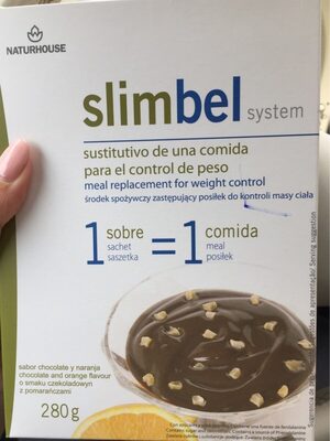Slimbel, sustitutivo de una comida sabor a naranja y chocolate front packaging
