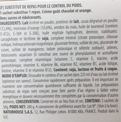 Slimbel, sustitutivo de una comida sabor a naranja y chocolate ingredients label