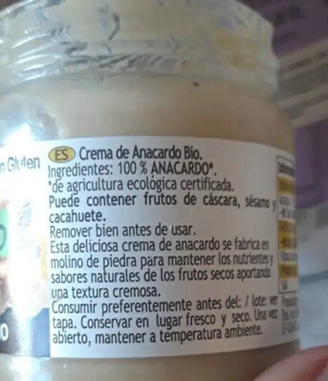Crema de anacardo ingredients label