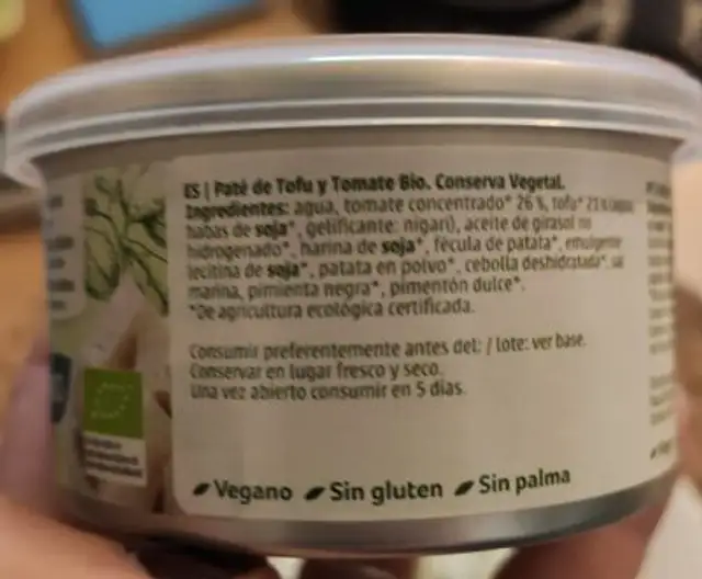 Paté tofu tomate nutrition facts table