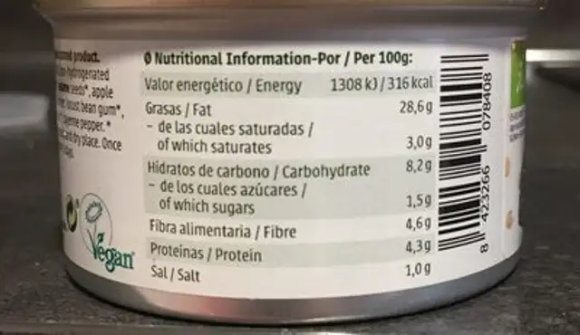 Paté ecológico de hummus sin gluten y sin aceite de palma nutrition facts table