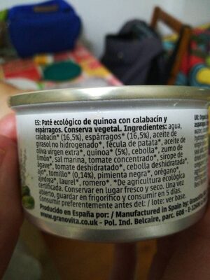 Paté ecológico de quinoa con calabacin y espárragos ingredients label