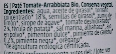 Pate tomate ingredients label