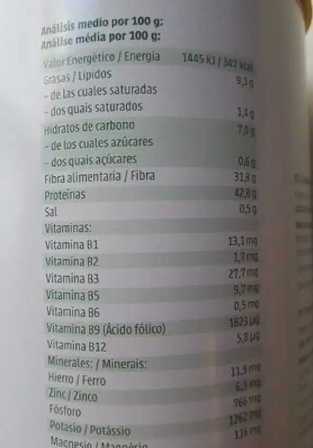 Levadura de cerveza nutrition facts table