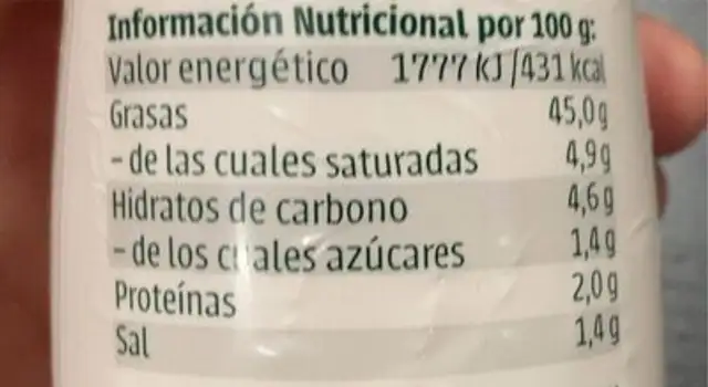 Salsa de mesa vegana, Mayona Limin nutrition facts table