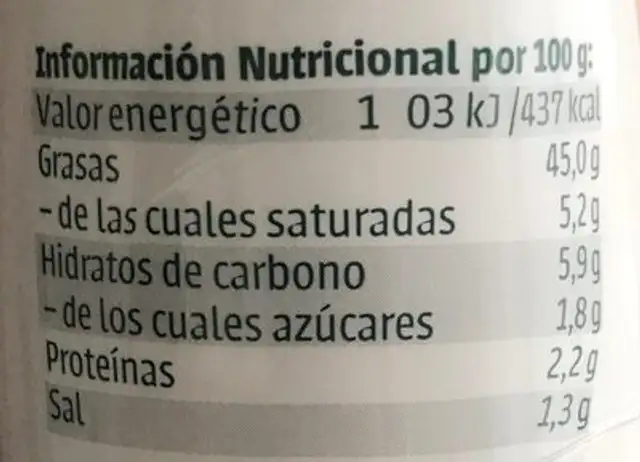 Salsa de mesa Vegana nutrition facts table