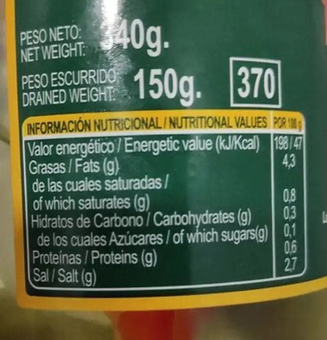Banderilla picante nutrition facts table