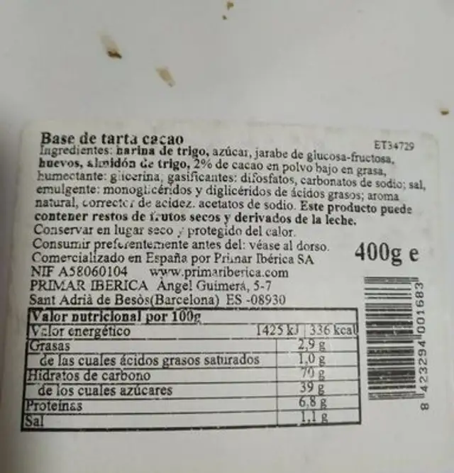 Base de tarta cacao nutrition facts table