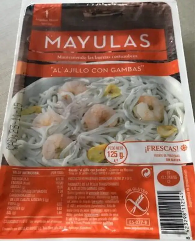 Mayulas al ajillo con gambas