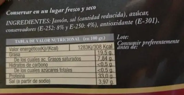 Jamón Bodega ingredients label