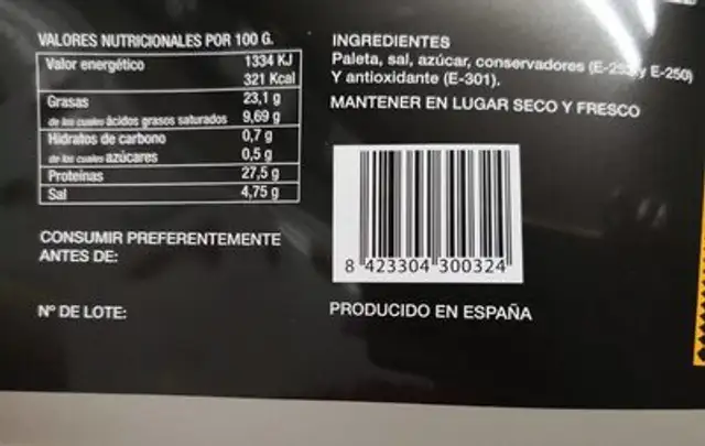 Paleta de cerdo nutrition facts table