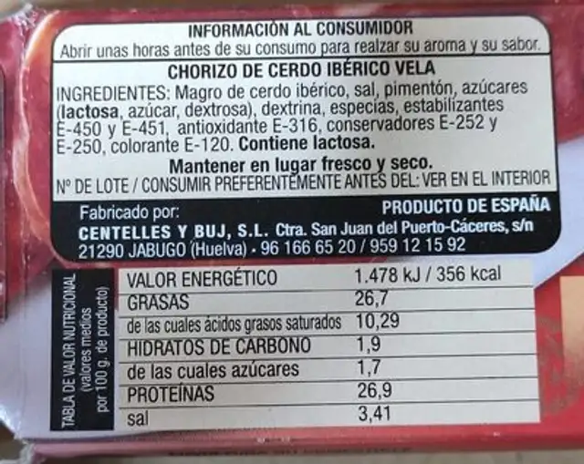Chorizo de cerdo ibérico nutrition facts table