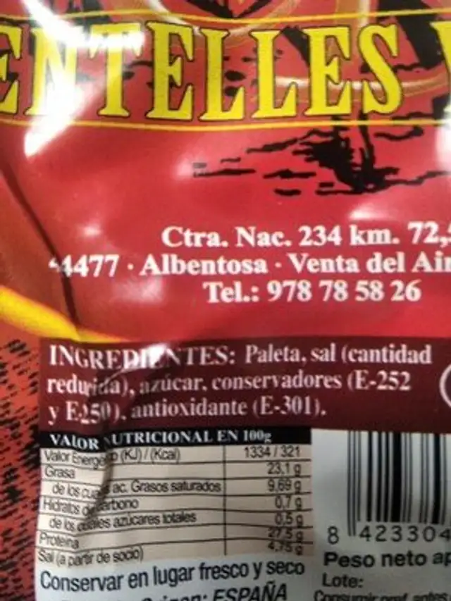 Jamón ingredients label