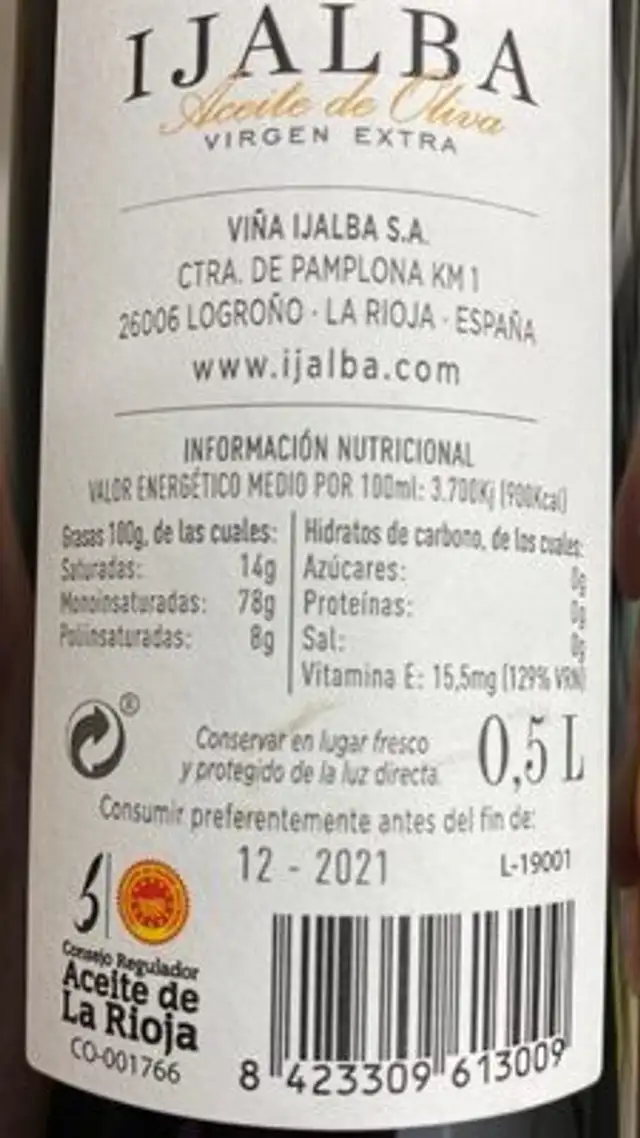 IJALBA Ceite de Oliva Virgen Extra nutrition facts table