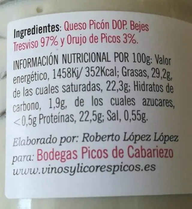 Crema de queso Picón Bejes Tresviso con Orujo nutrition facts table