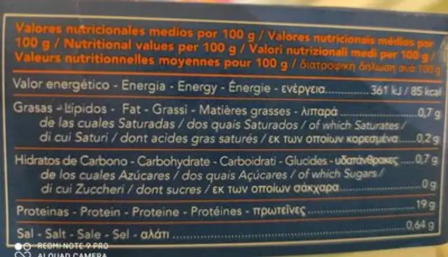 Gamba langostinera gran num 1 NOS nutrition facts table