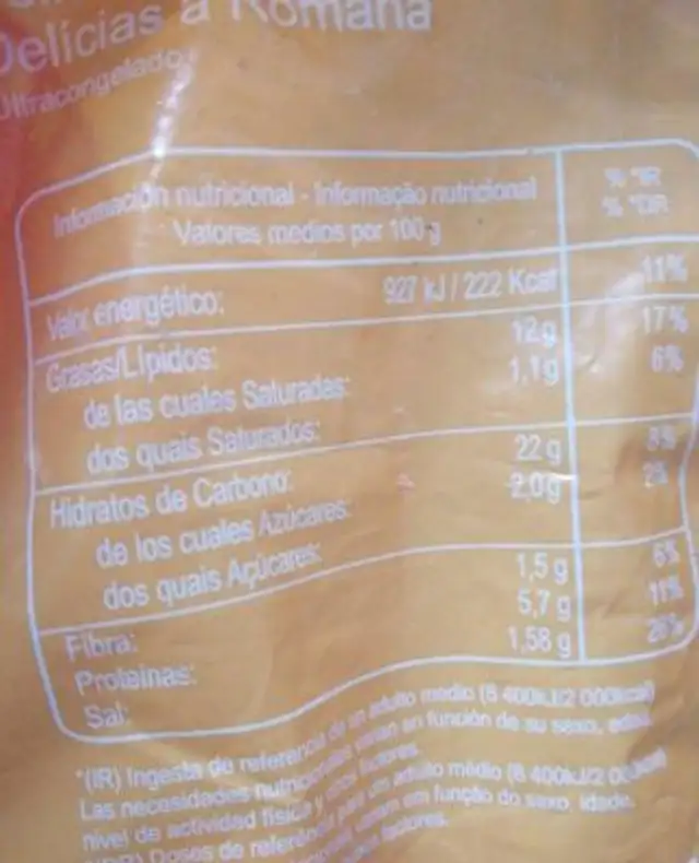 Delicias a la romana nutrition facts table