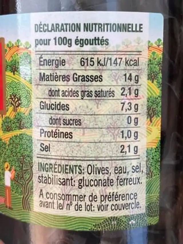Olives noires en rodelles en saumure nutrition facts table
