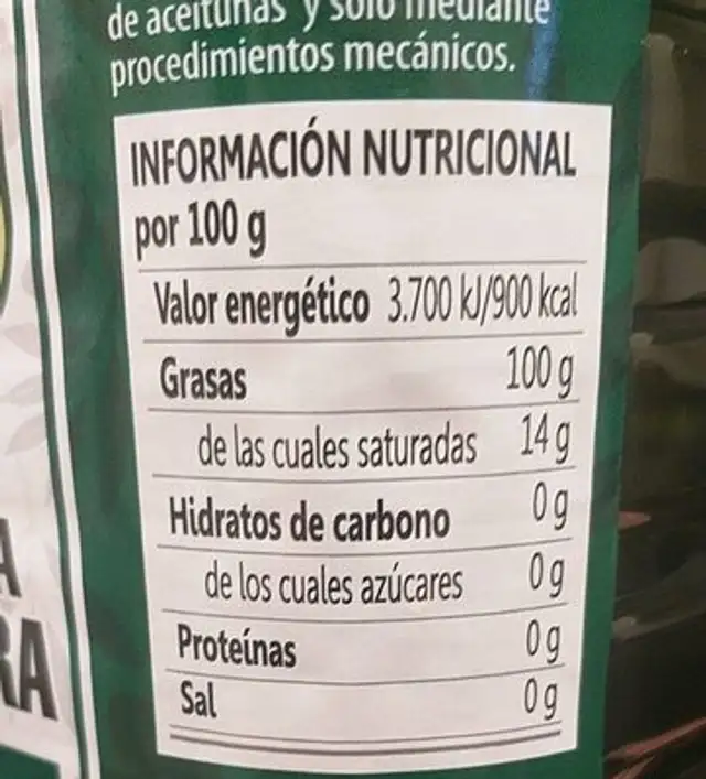 Acebo de oliva virgen extra nutrition facts table