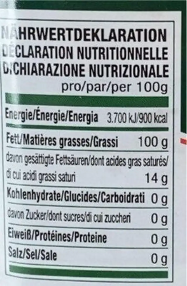Huile D’olive Vierge Extra nutrition facts table