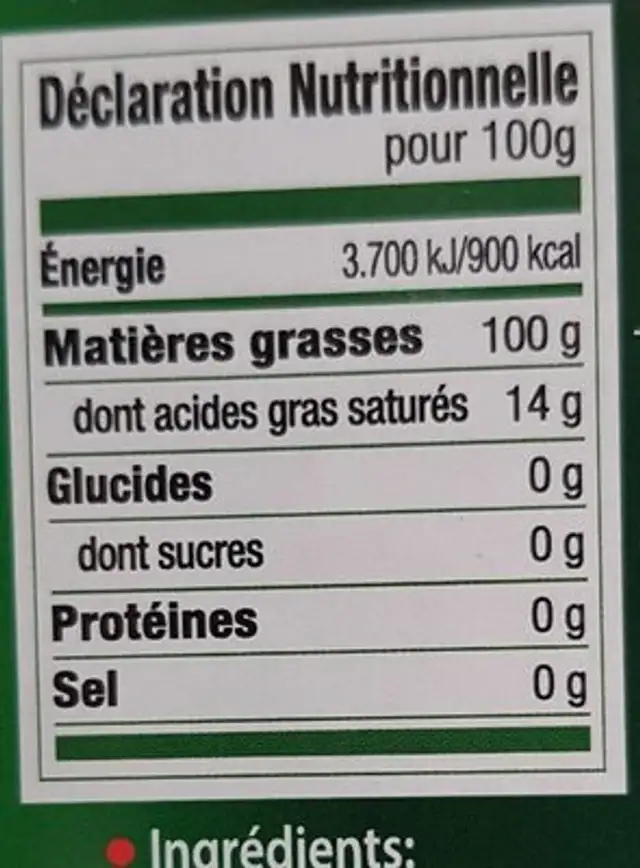 Huile d'olive vierge extra nutrition facts table