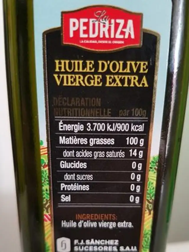 Huile d'olive vierge extra ingredients label