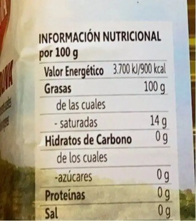 Aceite de oliva nutrition facts table