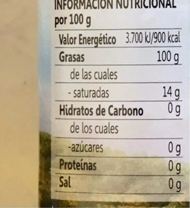 Aceite de oliva nutrition facts table