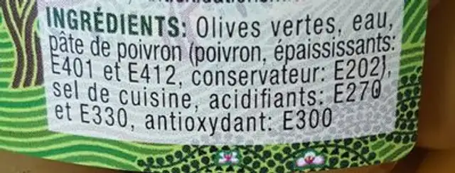 Olives vertes à la pâte de poivron ingredients label