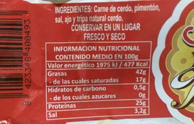 Chorizo Tia Felipa nutrition facts table