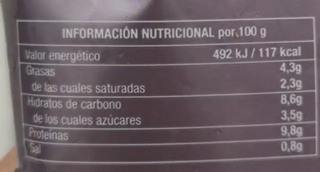 Vieira Rellena nutrition facts table