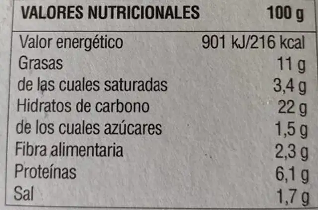 Tartaleta de ajoarriero nutrition facts table