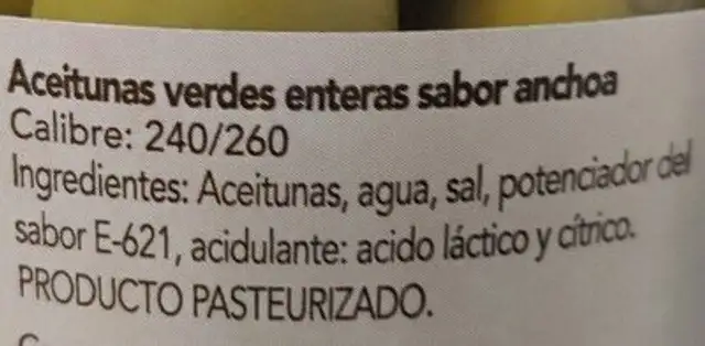 Aceitunas Manzanilla Entera Sabor Anchoa ingredients label