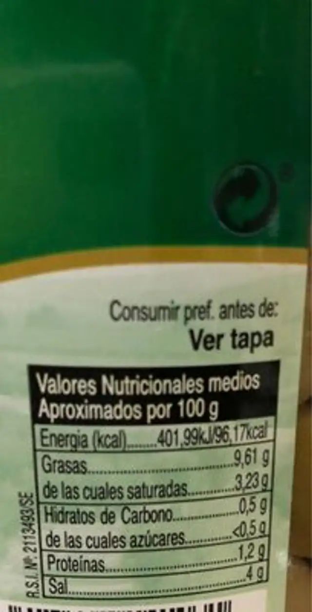 Aceitunas Manzanilla Entera Sabor Anchoa nutrition facts table