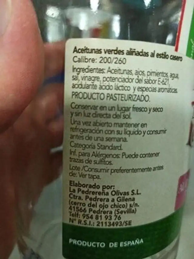Aceitunas ingredients label