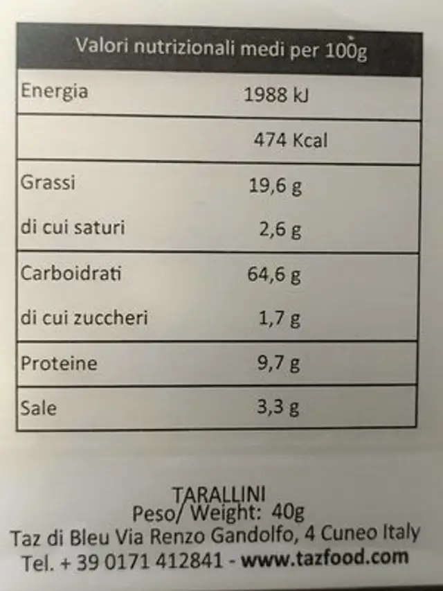 Tarallini nutrition facts table