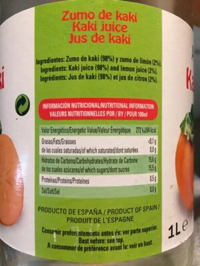 Kaki Juice-Jus ingredients label