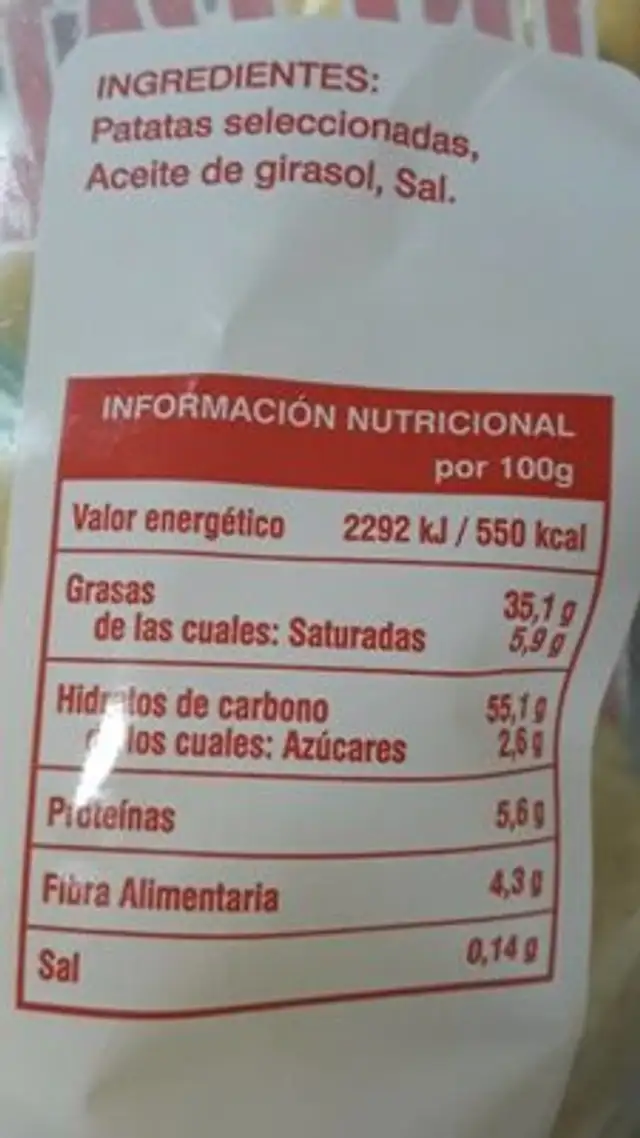 Patatas fritas nutrition facts table