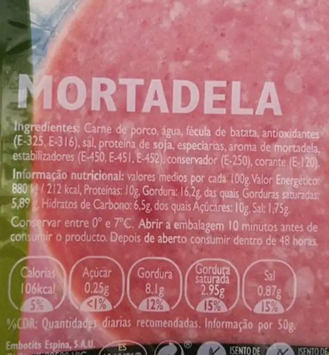 Mortadela ingredients label