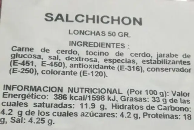 Salchichón de cerdo nutrition facts table
