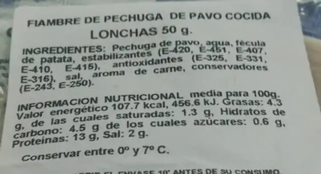 Fiambre de pechuga de pavo cocida nutrition facts table
