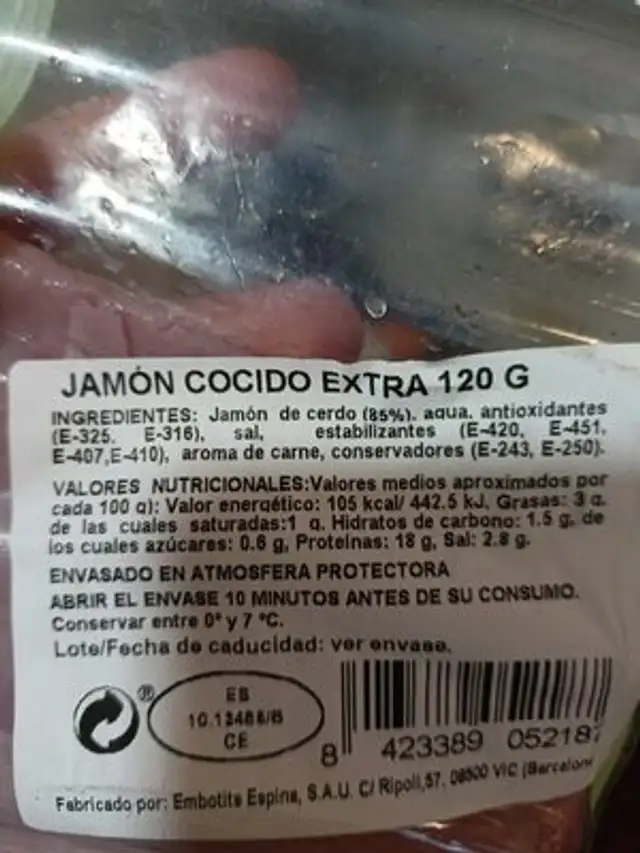 Jamón cocido extra finas lonchas ingredients label